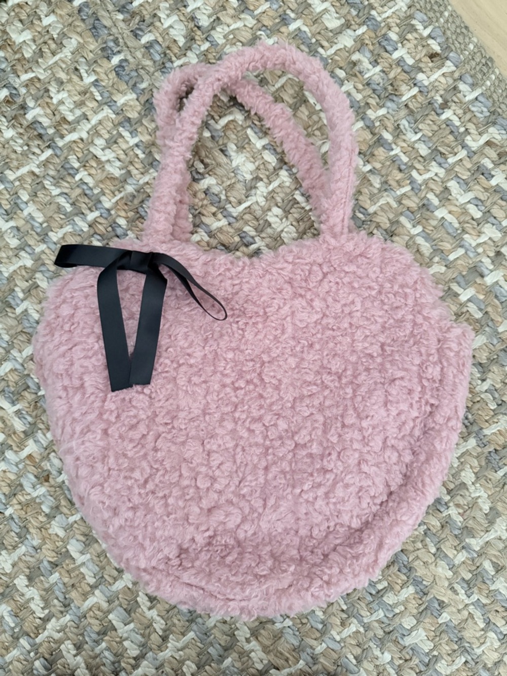 art class Pink Faux-Shearling Tote with Black Ribbon Accent